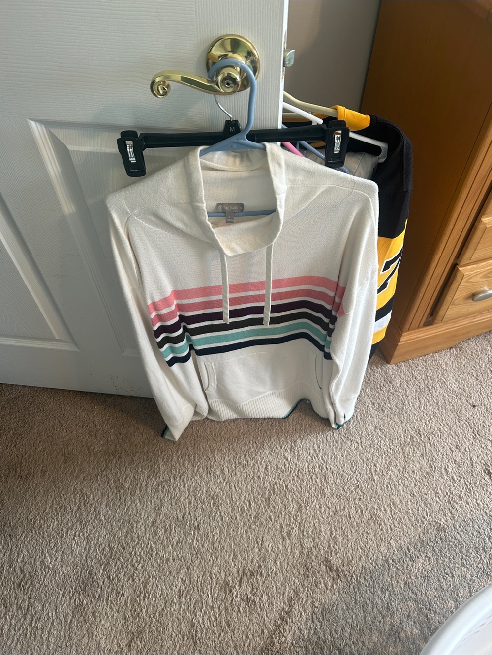 Talbots White Scoop-Neck Hoodie with Pink, Black, Teal and Navy Stripes